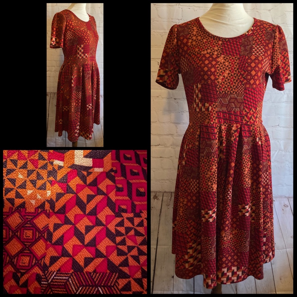 🦜Large LuLaRoe Amelia dress red orange geometric